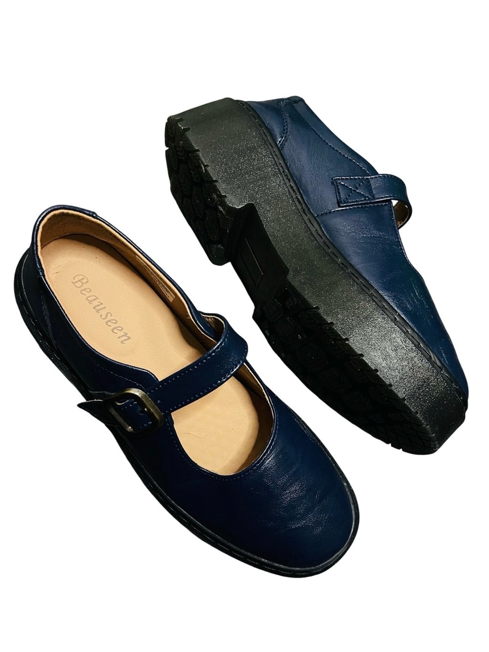 Beauseen Navy Mary Jane Platform Shoes 8
